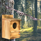 Screech Owl House, Owl Bird Box Large Handmade Wooden Circular Opening Screech Box for Outside with Mounting Screws and A Bag of Wood Shavings, Easy Assembly Required (Brown, 9" x 14.5") MOBYKE
