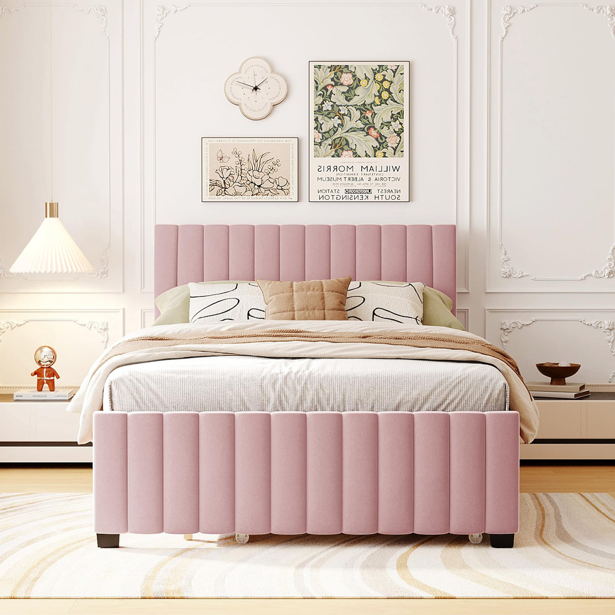 Full Bed Frame with Trundle Bed,Velvet Upholstered Platform Bed Frame,Full Size Trundle Bed with Headboard for Kids Teens Adults(Pink) Bellemave