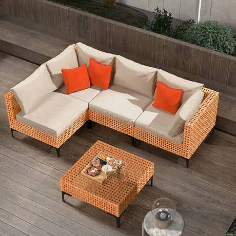 ARTBUSKE 5 Piece Patio Furniture Set Modular Outdoor Furniture Set Wicker Sectional Patio Sofa with Table Cushions Patio Set for Balcony Porch Deck Yard (Salmon&Orange Wicker, Sand Cushion) ARTBUSKE