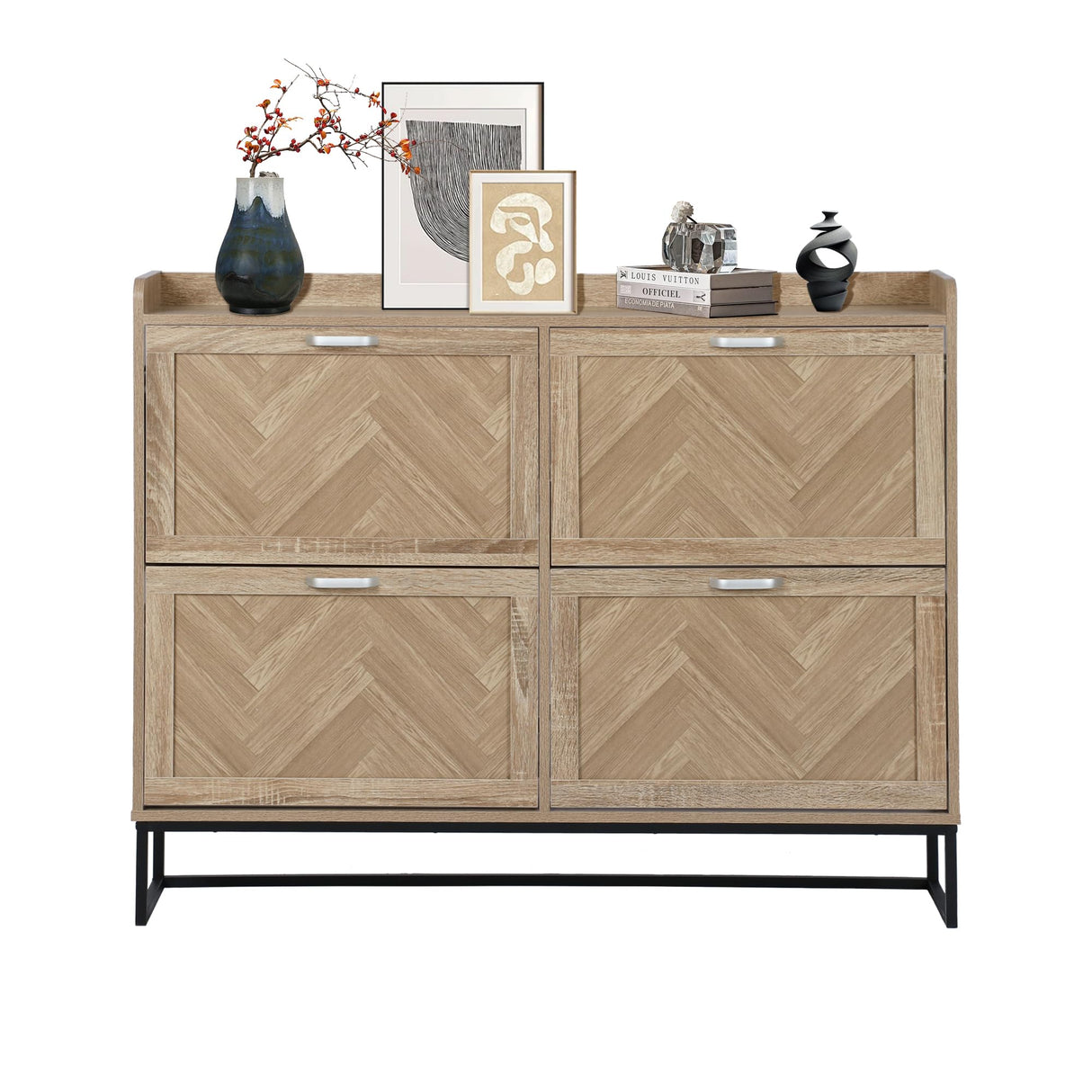 MISHAO Shoe Storage Cabinet with 4 Flip Drawers, Narrow Hidden Shoe Cabinet with Metal Legs & Adjustable Shelf, Freestanding Slim Shoe Rack Organizer for Entryway, Natural MISHAO