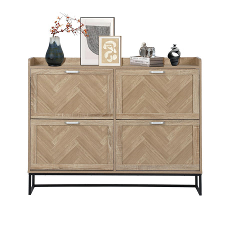 MISHAO Shoe Storage Cabinet with 4 Flip Drawers, Narrow Hidden Shoe Cabinet with Metal Legs & Adjustable Shelf, Freestanding Slim Shoe Rack Organizer for Entryway, Natural MISHAO