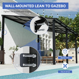 SUNSITT 10'x 14' Gazebo, Outdoor Lean to Gazebo Pergola w/Drainage Holes, Wall-Mounted Gazebo with Hard Top Metal Awnings for Patio Backyard Deck, Dark Grey SUNSITT