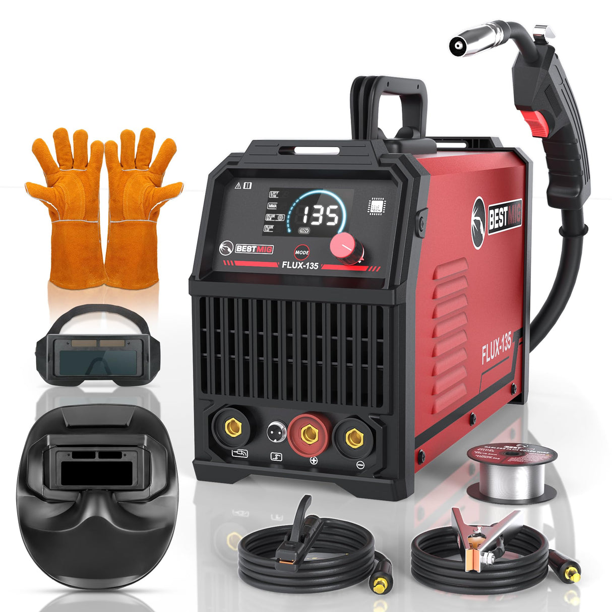 BESTMIG 135A Welder 3-in-1 Welding Machine Supports MIG 110V Welding Machine with IGBT Inverter LED Digital Display MIG/Lift TIG/Stick Capabilities (Red Black, MIG 135A Welder) BESTMIG.