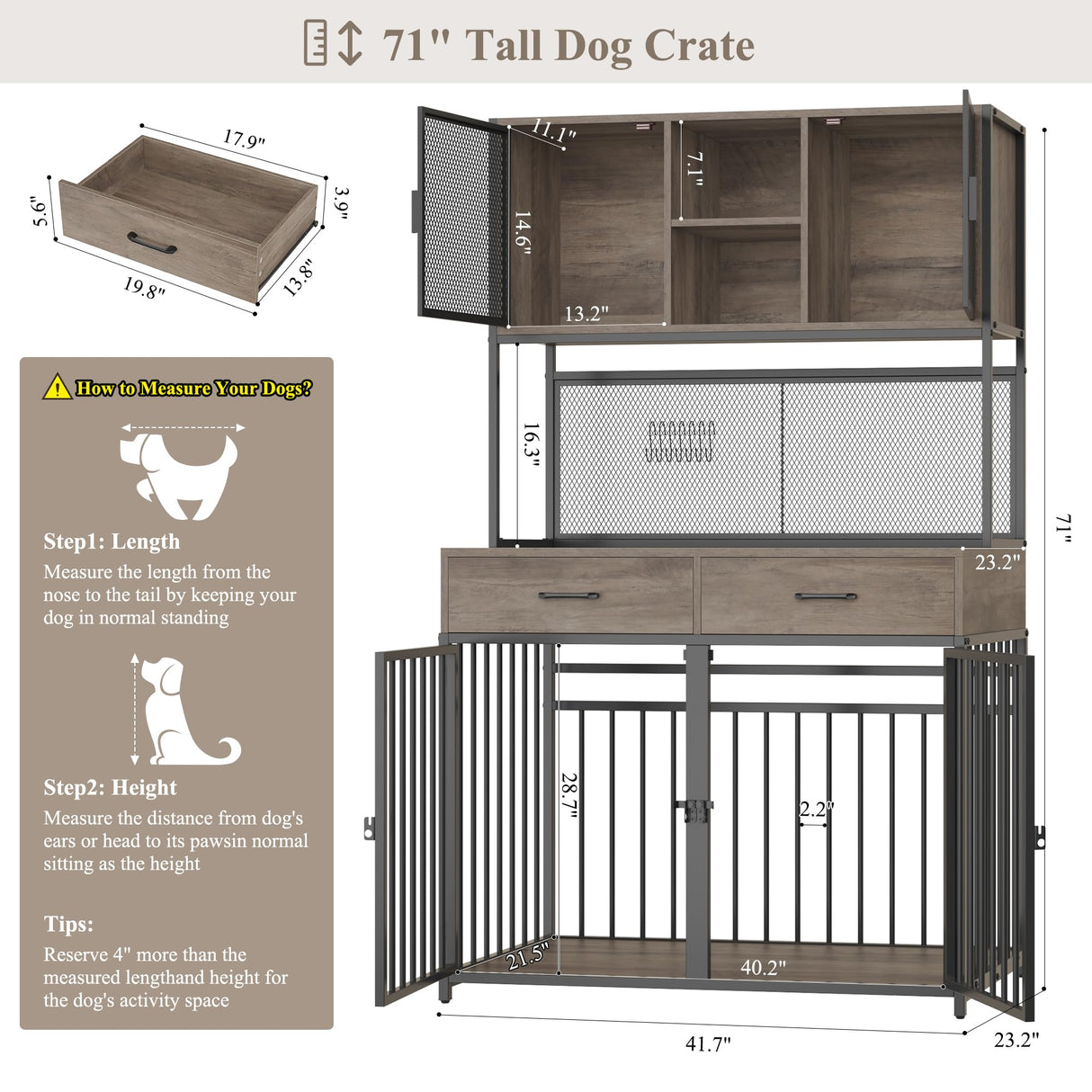 HITHOS 71" Tall Dog Crate Furniture, Indoor Dog Kennel with Hutch, 42" W Dog Cage for Large/Medium Dogs, Wood Dog Crates with 2 Storage Drawers, Heavy Duty Pet House, Ash Grey HITHOS