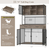 HITHOS 71" Tall Dog Crate Furniture, Indoor Dog Kennel with Hutch, 42" W Dog Cage for Large/Medium Dogs, Wood Dog Crates with 2 Storage Drawers, Heavy Duty Pet House, Ash Grey HITHOS