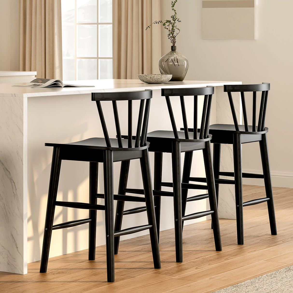 EYYTHUNG Wood Bar Stools Set of 3, 24" Barstool Farmhouse Counter Stools with Curved Back for Dining Room, Black EYYTHUNG