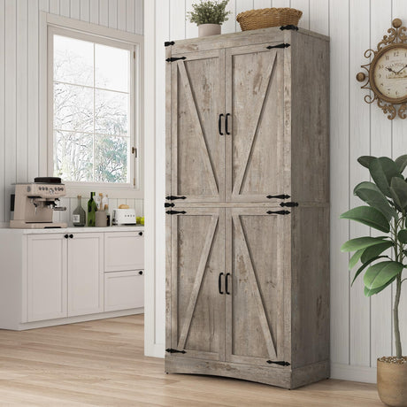 71in Farmhouse Kitchen Pantry Cabinet,Tall Storage Cabinet with 4 Doors and Adjustable shelves,with Load-Bearing Steel Pipe,Wood Storage Cabinets for Kitchen,Dining Room,Bathroom(Light Rustic Oak) chartustriable