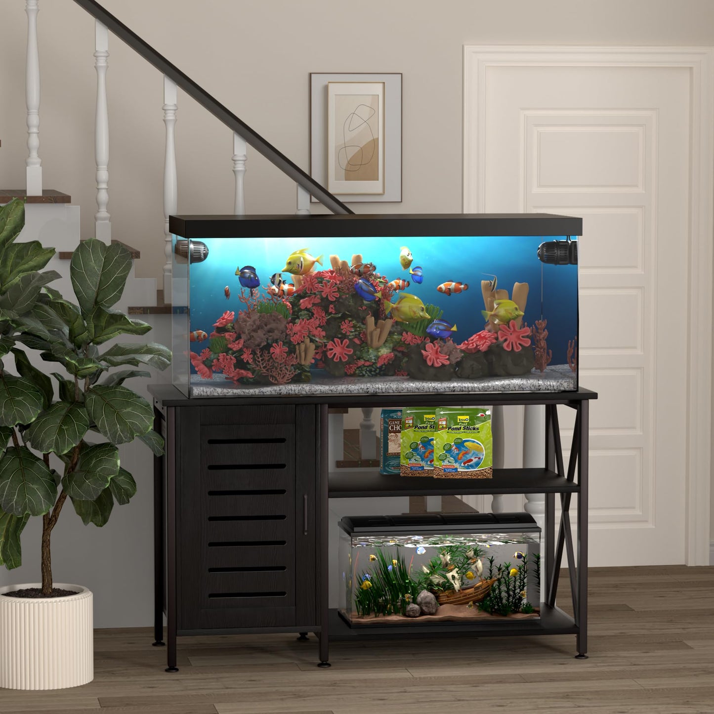 Herture 55-75 Gallon Fish Tank Stand, Aquarium Stand with Power Outlets and Cabinet for Fish Tank Accessories Storage, Heavy Duty Metal Frame, 52" L*19.68" W Tabletop, 1200LBS Capacity, Black - WoodArtSupply