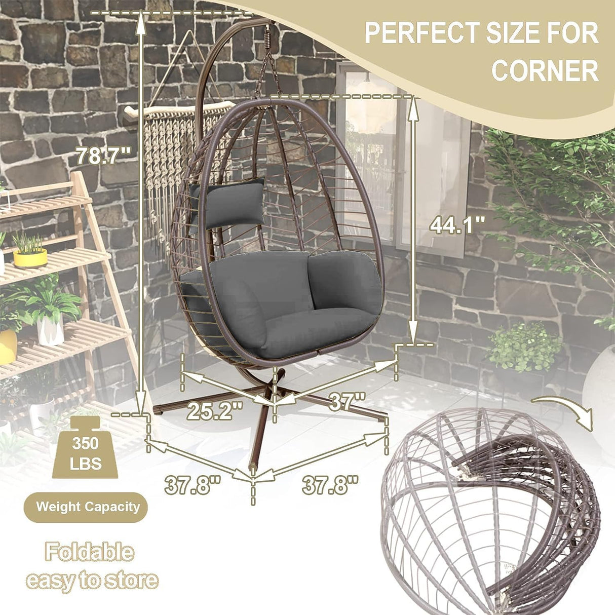 Kullavik Outdoor Hanging Egg Chair with Stand,Indoor Swinging Chair Patio Wicker Hammock Egg Chair with Thicken Padded Cushions,Indoor 350lbs Capacity forBalcony Living Room Bedroom(Grey) Kullavik