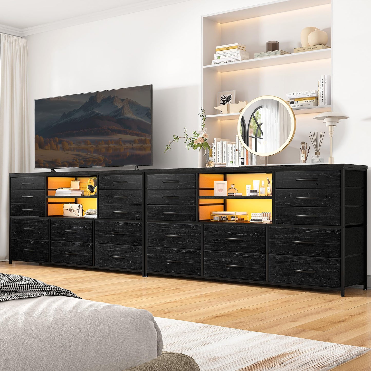 EnHomee Black Dresser with LED Lights & Power Outlets, 12 Drawers Dresser TV Stand for 60''TV for Bedroom Dresser Fabric Dressers & Chest of Drawers, Sturdy Long Dresser for Closet Living Room,Hallway