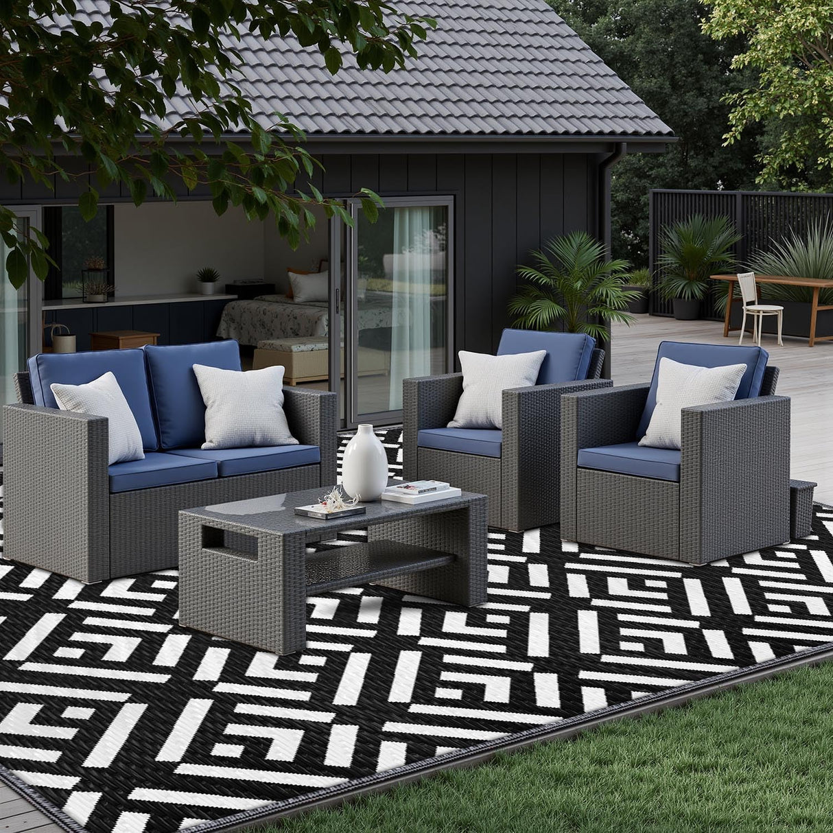 Outdoor Rug 6x9Ft, Solar Powered Outdoor Camping Rug with 94LEDs Strip Lights, Waterproof Plastic Reversible Outdoor Straw Rugs, Rugs Mat for RV Camping Patio Beach Balcony House Deck Picnic carpopo