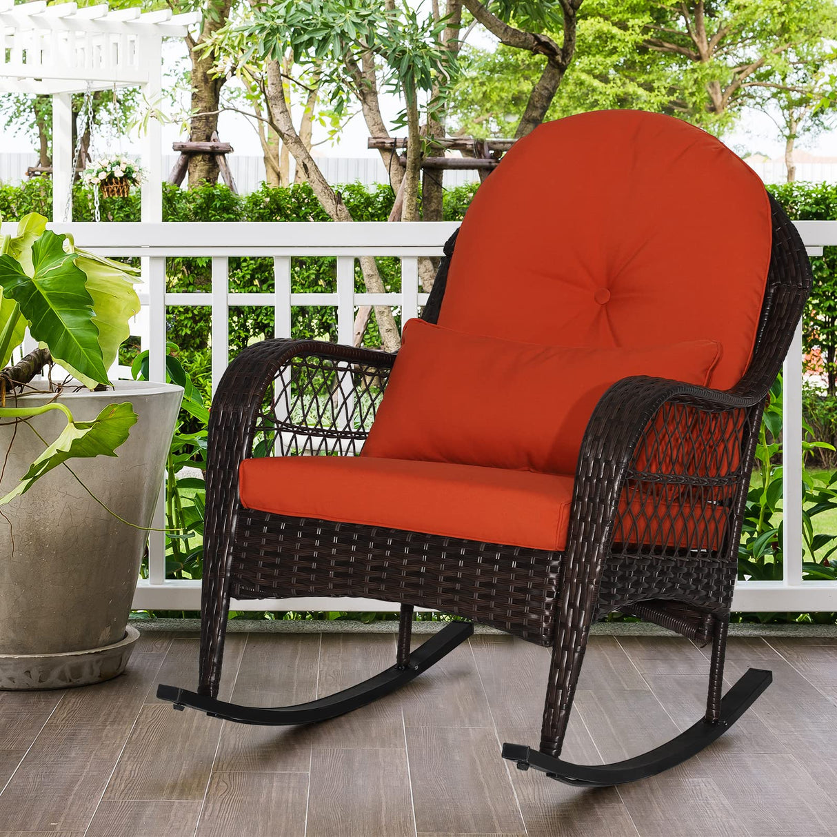 MEDIMALL Outdoor Wicker Rocking Chair, Patio Rattan Rocker w/Lumbar Pillow, Padded Seat & Back Cushions, Metal Frame, Mix Brown Wicker Furniture for Balcony, Porch, Deck, Backyard (Red) MEDIMALL