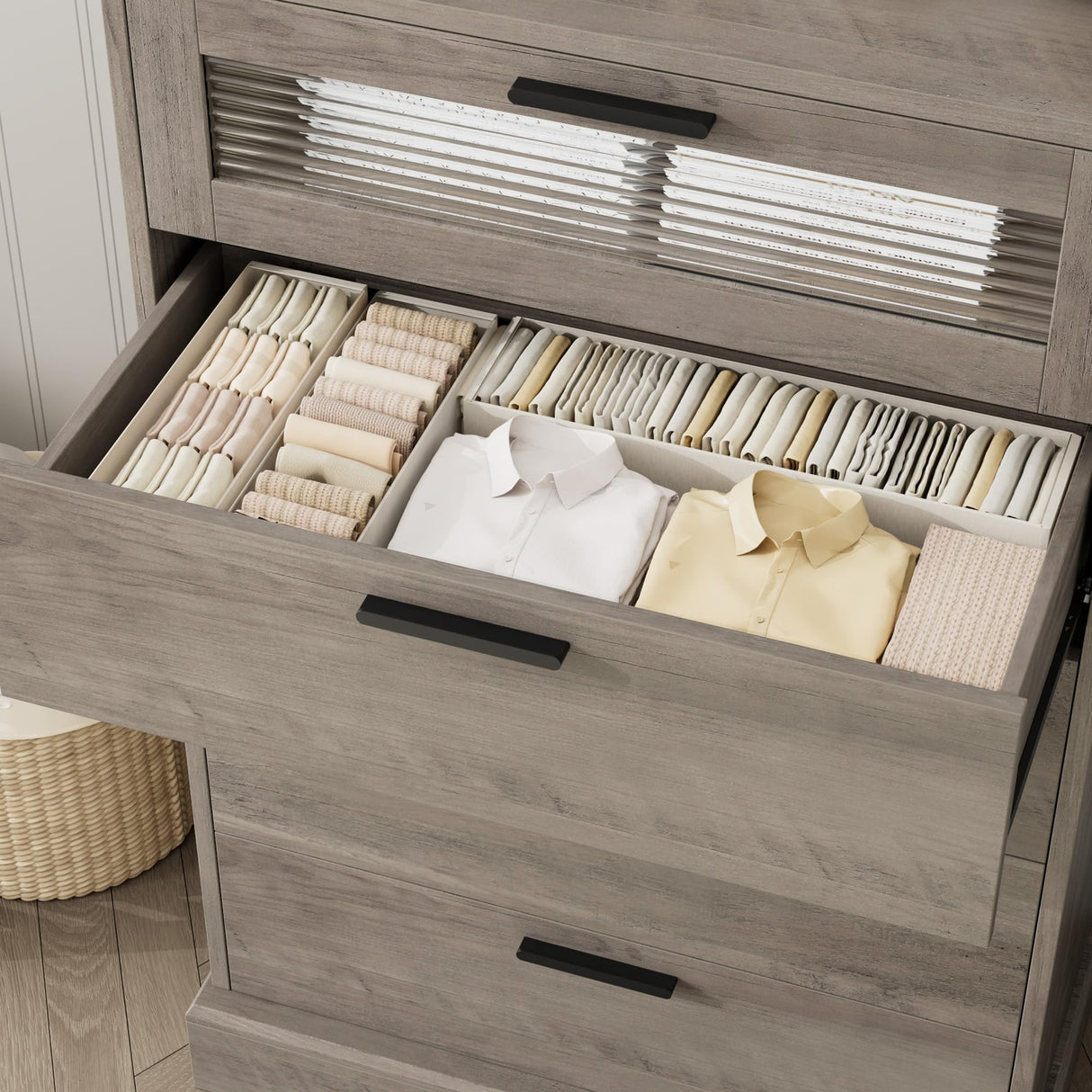 HOSTACK Modern 5 Drawer Dresser, Tall Dresser Chest of Drawers with Metal Handles, Wood Dressers Storage Cabinet with Anti-Drop Fence & Fluted Glass for Living Room, Entryway, Ash Gray HOSTACK