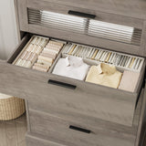 HOSTACK Modern 5 Drawer Dresser, Tall Dresser Chest of Drawers with Metal Handles, Wood Dressers Storage Cabinet with Anti-Drop Fence & Fluted Glass for Living Room, Entryway, Ash Gray HOSTACK