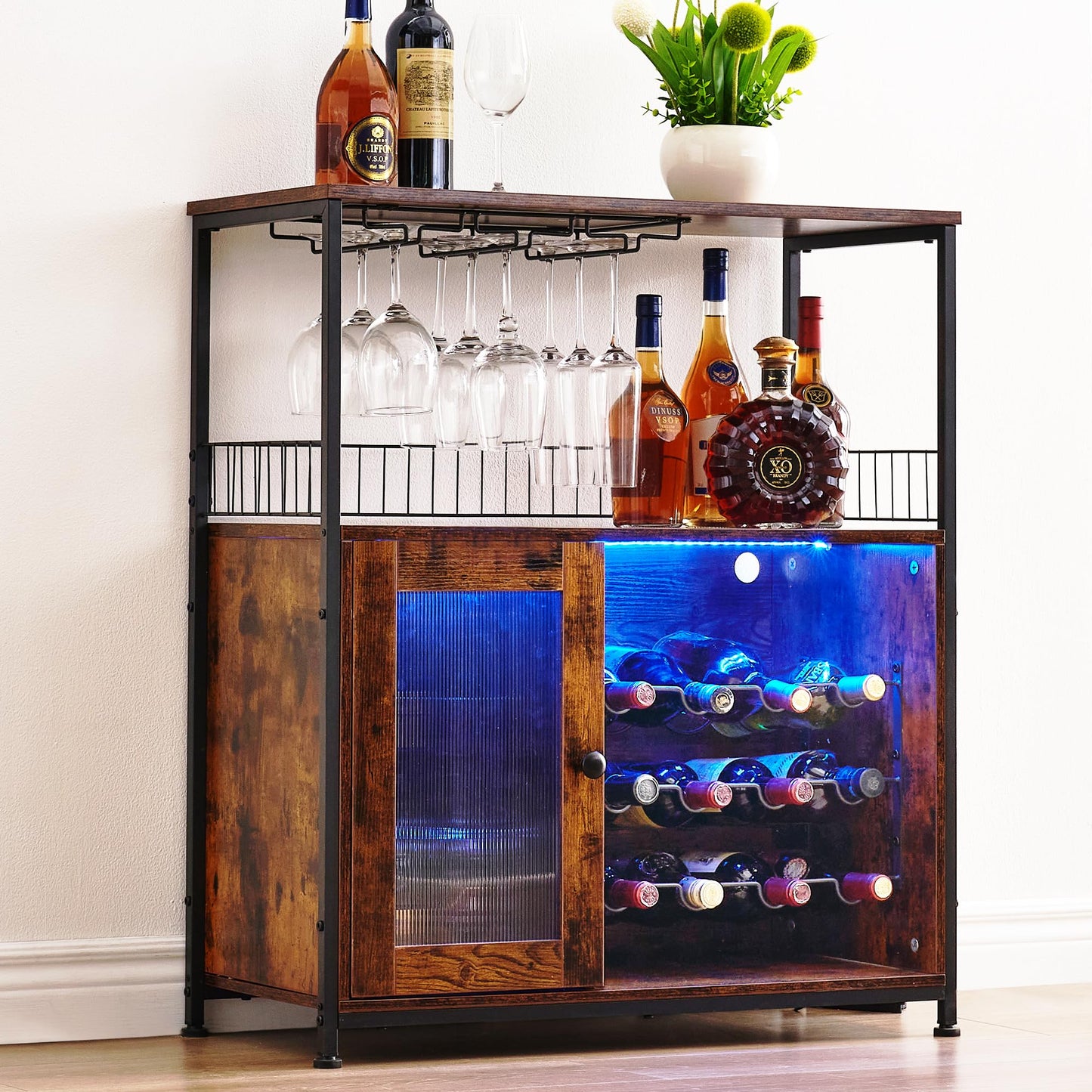 J-yaamiZz Wine Bar Cabinet with Led Lights & Removable Wine Racks, Multifunctional Bar Cabinet with 3 Rows Glass Holder and Acrylic Door for Liquor and Glasses, for Kitchen, Dining Room (Brow - WoodArtSupply