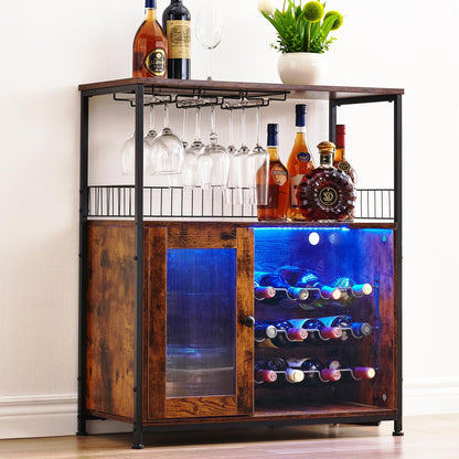 J-yaamiZz Wine Bar Cabinet with Led Lights & Removable Wine Racks, Multifunctional Bar Cabinet with 3 Rows Glass Holder and Acrylic Door for Liquor and Glasses, for Kitchen, Dining Room (Brow - WoodArtSupply