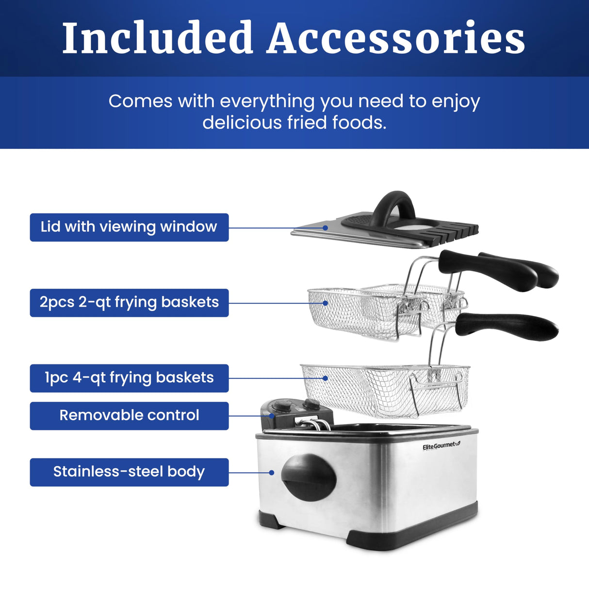 Elite Gourmet EDF-401T Electric 4.5 Qt. / 17 Cup Immersion Deep Fryer 3-Baskets, 1700-Watt, Timer Control Adjustable Temperature, Lid with Viewing Window and Odor Free Filter Elite Gourmet