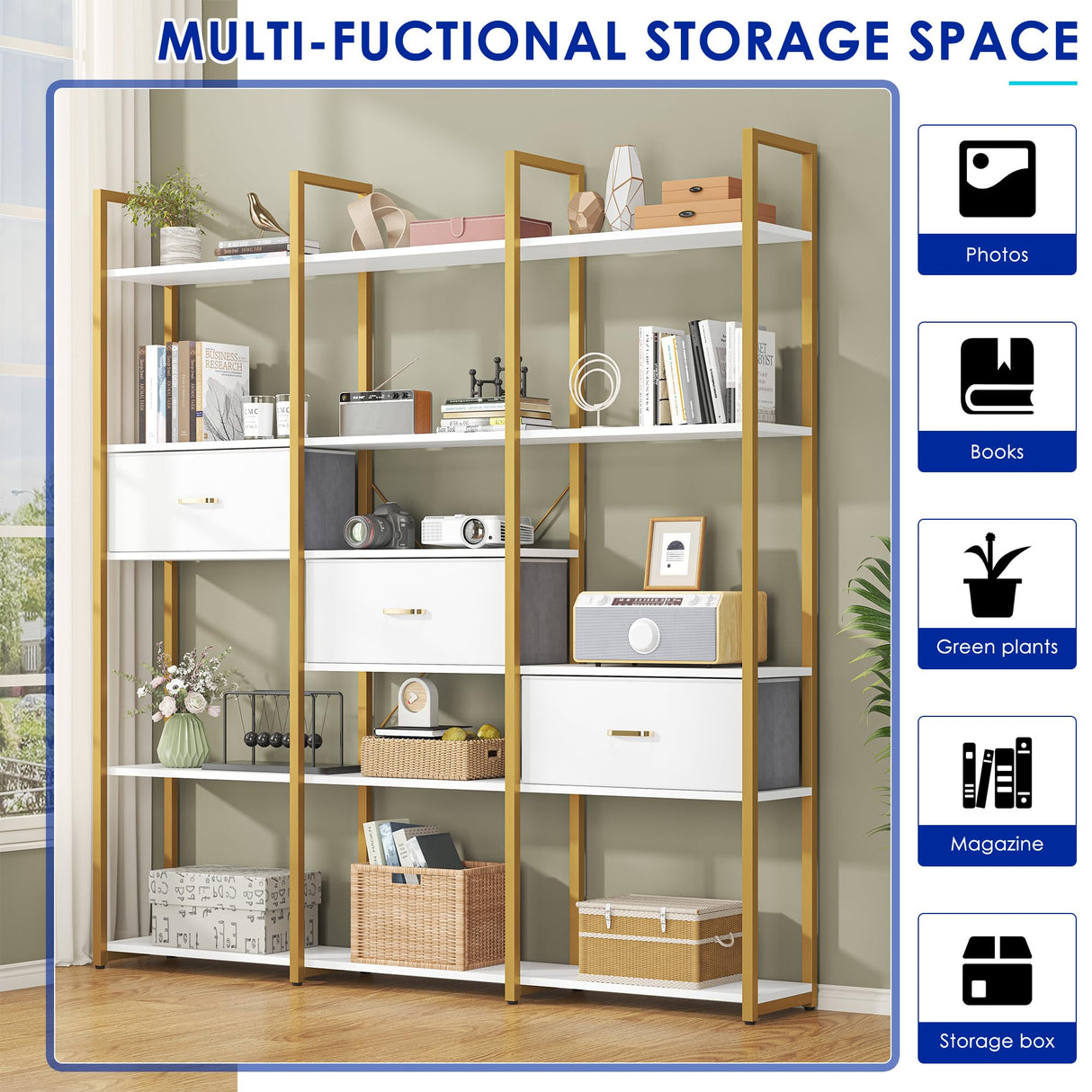 Nosepen 73.6" Tall Bookshelf with 3 Drawers and 16 Storage Shelves, Industrial Bookcase with 16 Open Display Shelves, Large Etagere Bookshelf, Triple Wide Book Shelf Book Case for Home & Office, Gold Nosepen