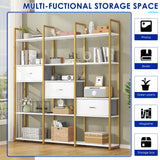 Nosepen 73.6" Tall Bookshelf with 3 Drawers and 16 Storage Shelves, Industrial Bookcase with 16 Open Display Shelves, Large Etagere Bookshelf, Triple Wide Book Shelf Book Case for Home & Office, Gold Nosepen