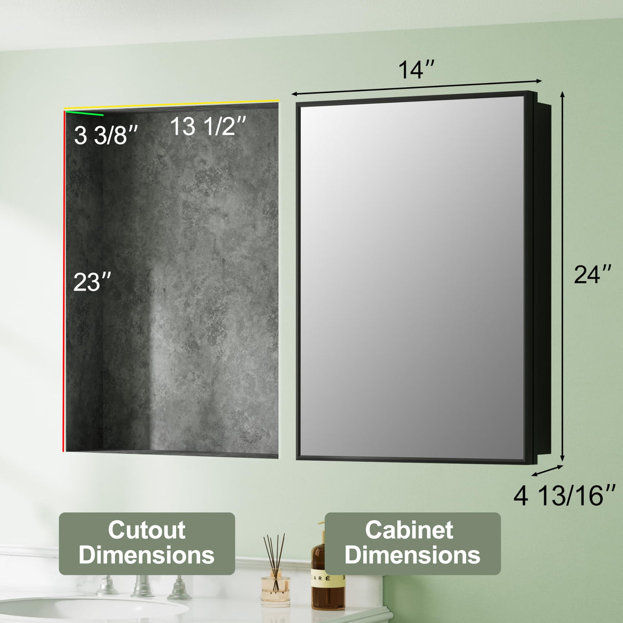 Buruis 14"x 24" Framed Medicine Cabinet with Mirror, Recessed or Wall Mounted Bathroom Cabinet, Adjustable Tempered Glass Shelves, Left/Right Open Reversible, No Assembly Required, Black Buruis