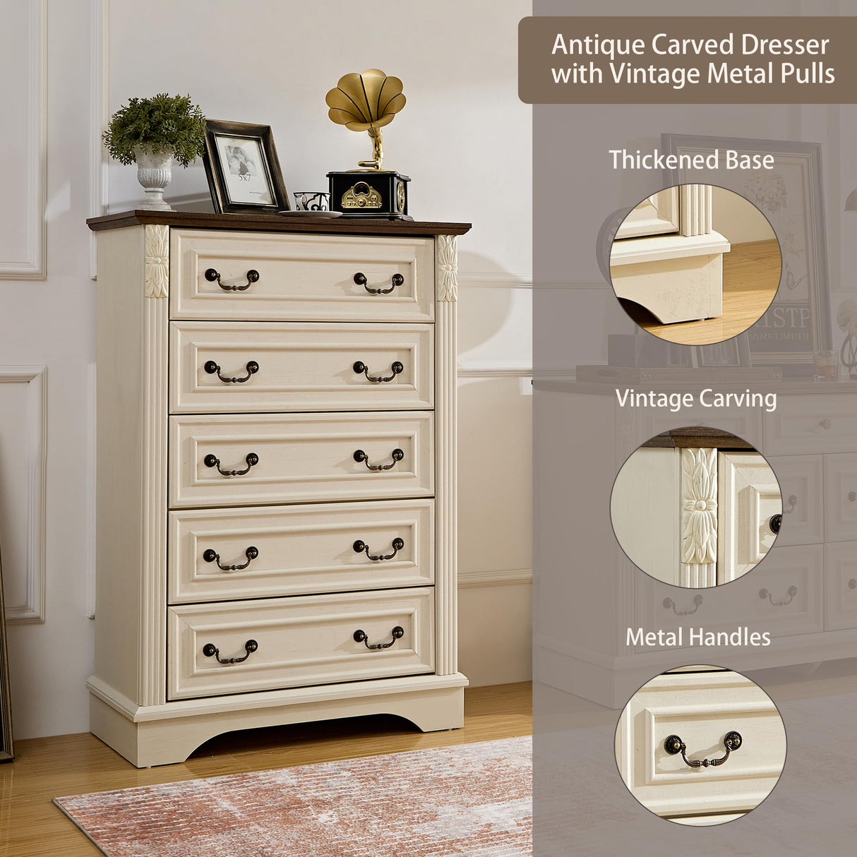 BLANKSPACE White Dresser for Bedroom,5 Drawers Dresser, Farmhouse Dresser for Bedroom,5 Chest of Drawers with Thickened Wood Carving for Closet,Hallway （Rustic White） BLANKSPACE