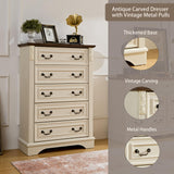 BLANKSPACE White Dresser for Bedroom,5 Drawers Dresser, Farmhouse Dresser for Bedroom,5 Chest of Drawers with Thickened Wood Carving for Closet,Hallway （Rustic White） BLANKSPACE