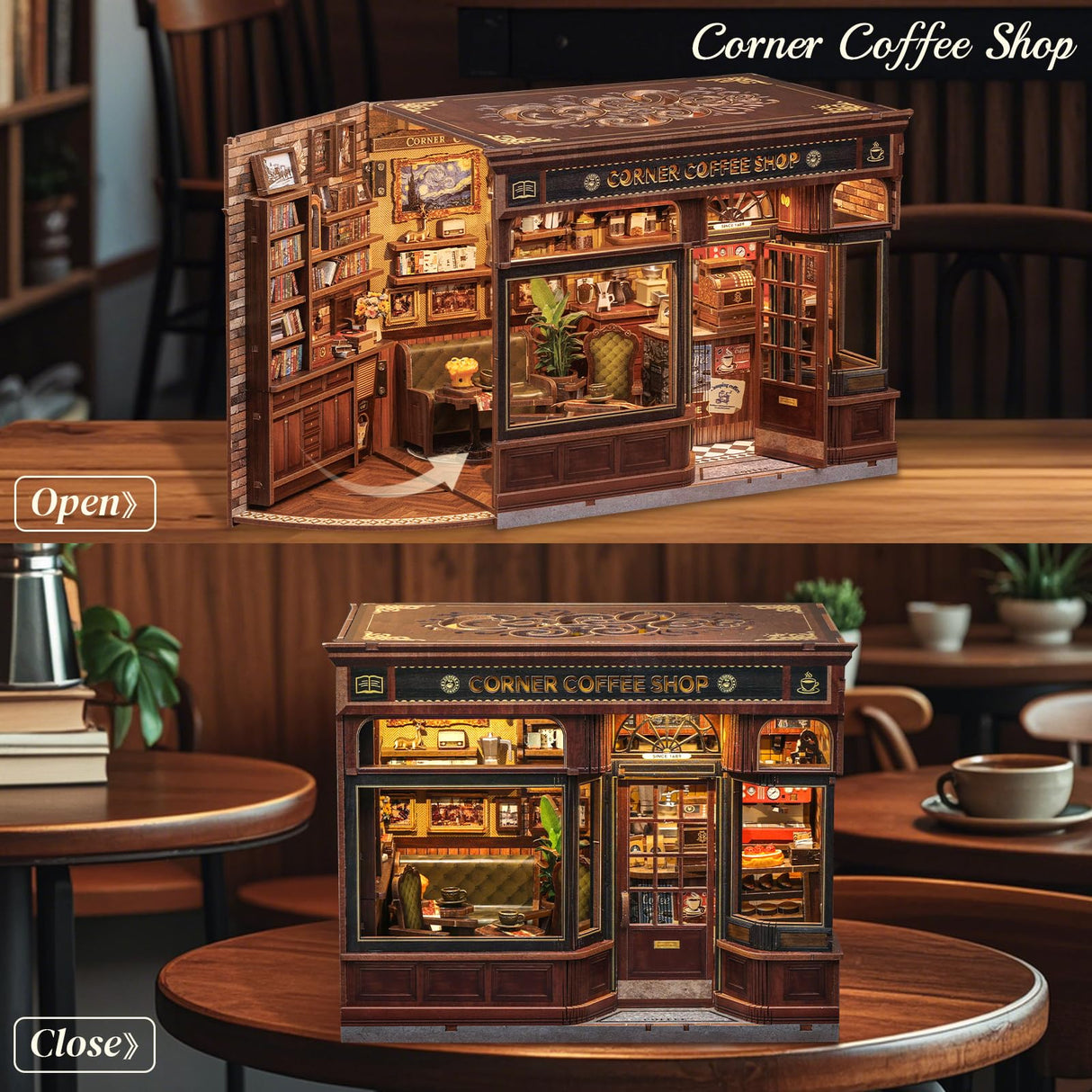 CUTEBEE Book Nook Kit - DIY Miniature House Coffee Shop Dollhouse Kit for Adults and Teens, Booknook Tiny House Bookshelf Decor 3D Wooden Puzzle, Gifts for Family, Friends (Corner Coffee Shop) CUTEBEE