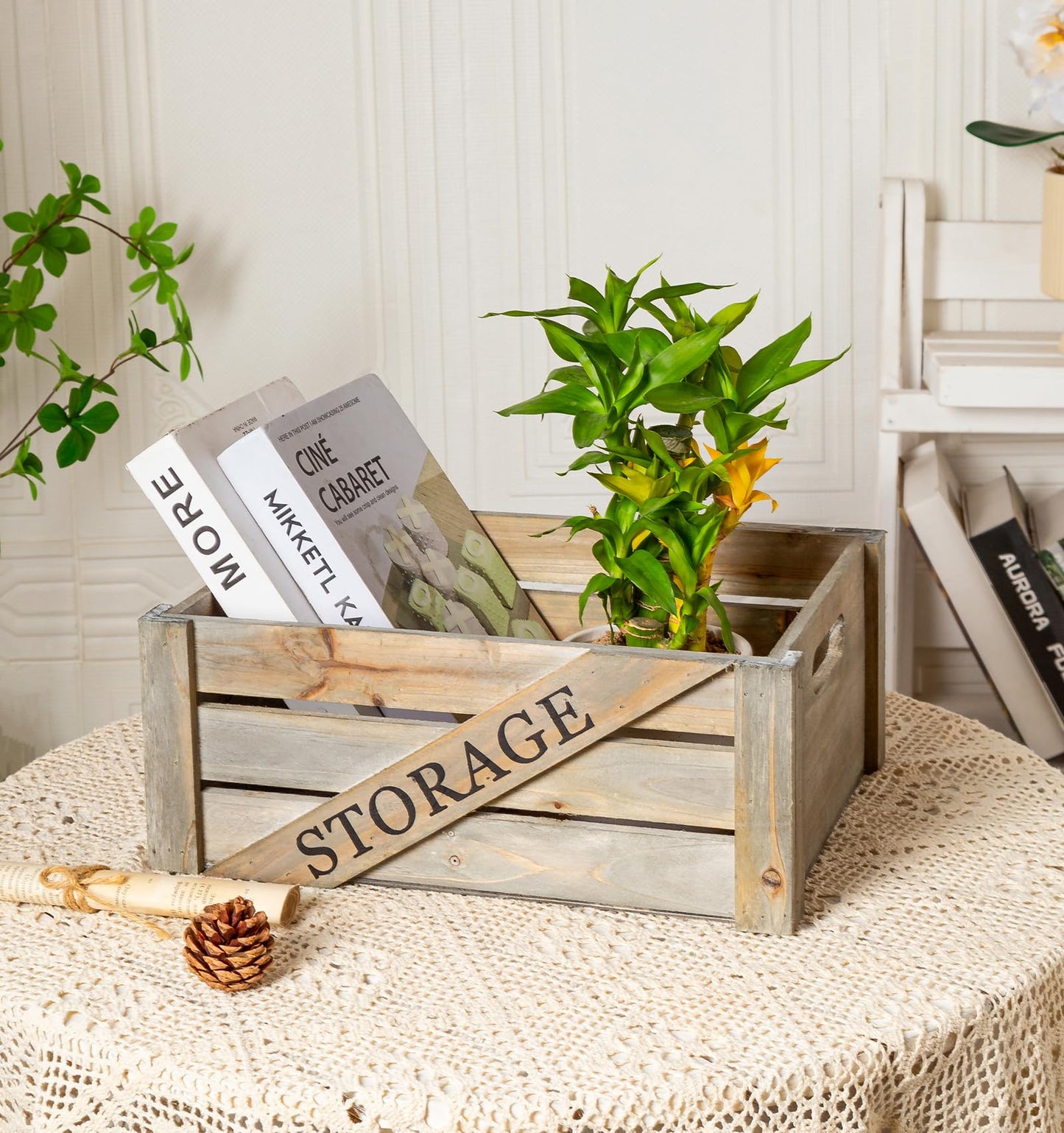 Set of 3 Large Decorative Wooden Crates, Rustic Nesting Storage Wood Crate Boxes with Handles, Farmhouse Stackable Wooden Containers for Display (Rustic Gray)