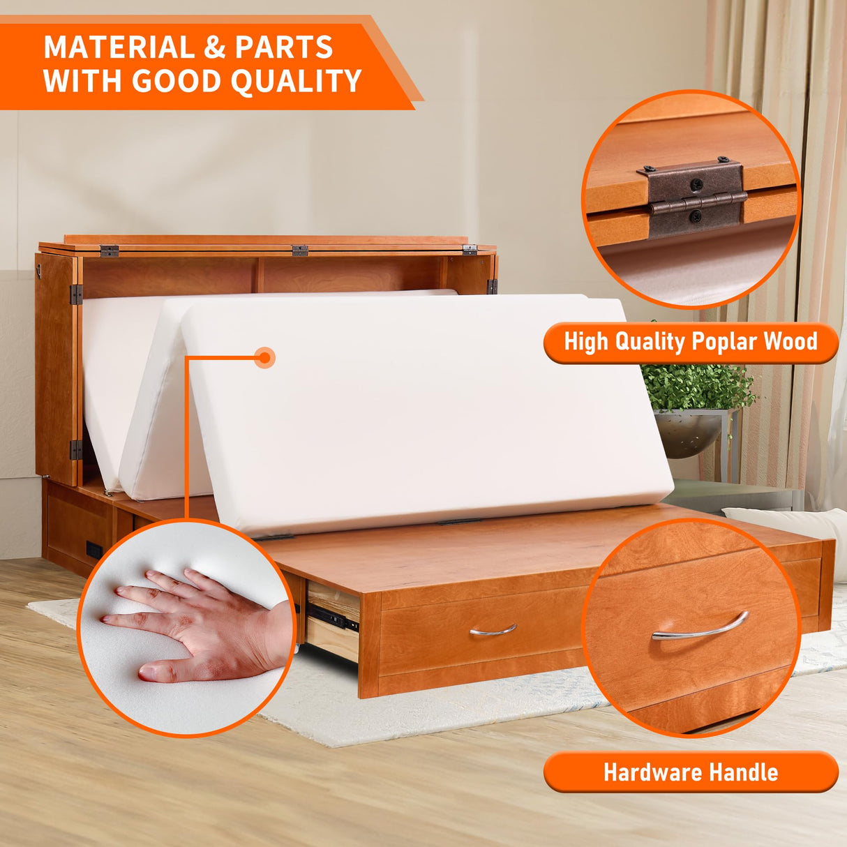 Murphy Bed with Mattress Included, Queen Murphy Cabinet Bed with Storage Drawers and Charging Station, Space-Saving Cabinet beds for Guest Room, Living Room, Poplar Wood BOVONO