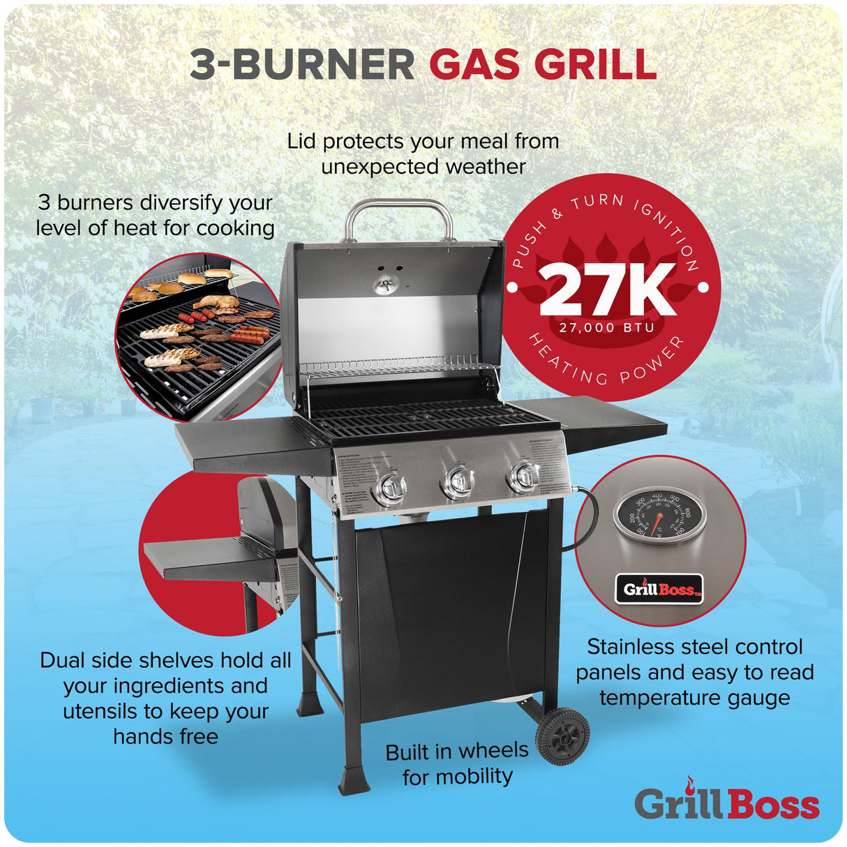Grill Boss Propane 3 Burner Gas Grill, Portable BBQ w/Lid, Wheels & Side Shelves, Black GRILLBOSS
