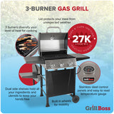 Grill Boss Propane 3 Burner Gas Grill, Portable BBQ w/Lid, Wheels & Side Shelves, Black GRILLBOSS