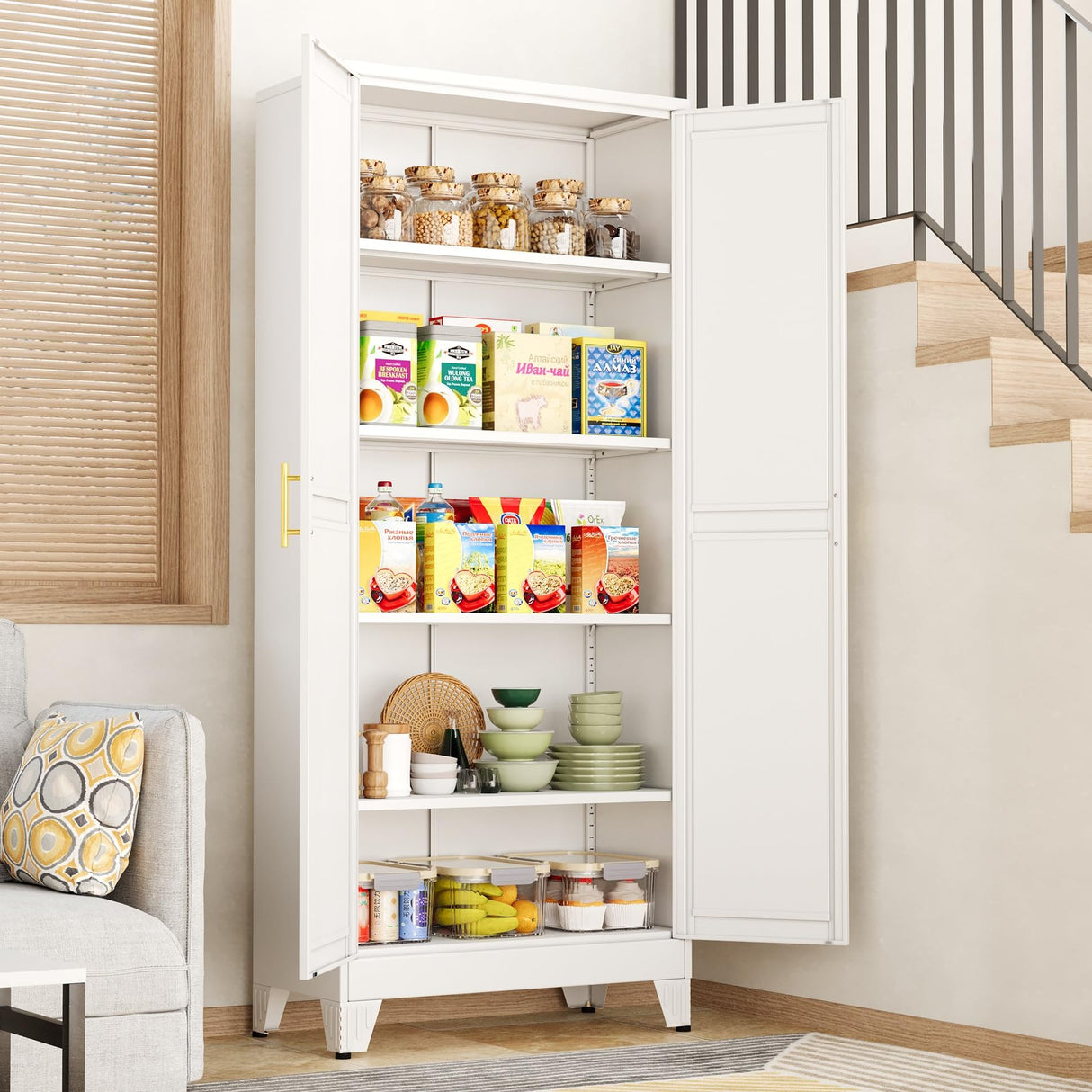 RISTERN White Pantry Storage Cabinet,71" Kitchen Pantry with Doors and 4 Adjustable Shelves, Metal Storage Cabinet, for Office, Home, Garage, School RISTERN