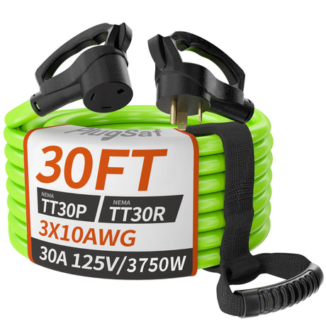 PlugSaf 30 FT 30 Amp RV Extension Cord Outdoor with Grip Handle, 10/3 Gauge Flexible Heavy Duty RV Power Cord Waterproof, NEMA TT-30P to NEMA TT-30R, 10AWG 125V 3750W STW, Green-Black, ETL Listed PlugSaf