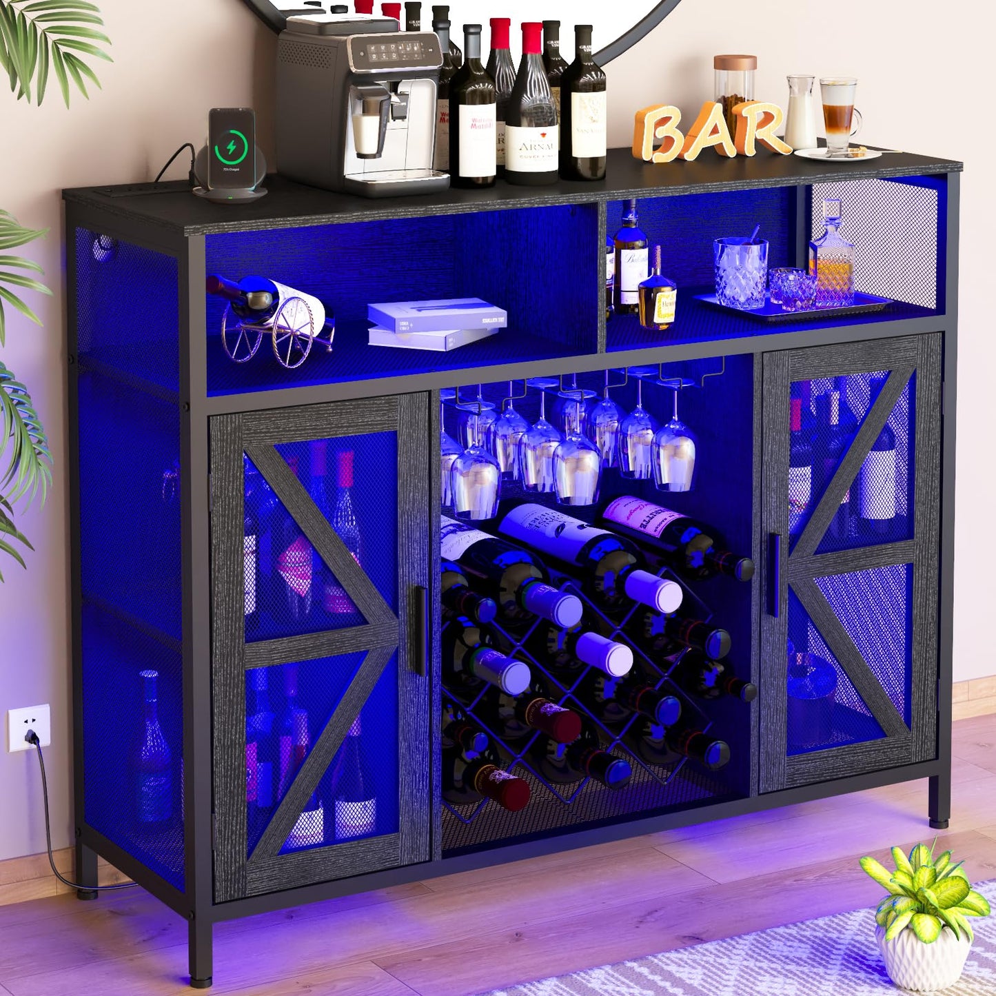 HDDDZSW XXL LED Wine Cabinet Home Bar Cabinets with Power Outlets, Coffee Bar Cabinet Liquor Cabinet for Glasses, Black Buffet Cabinet TV Stand with Wine Racks Countertop for Dining Kitchen