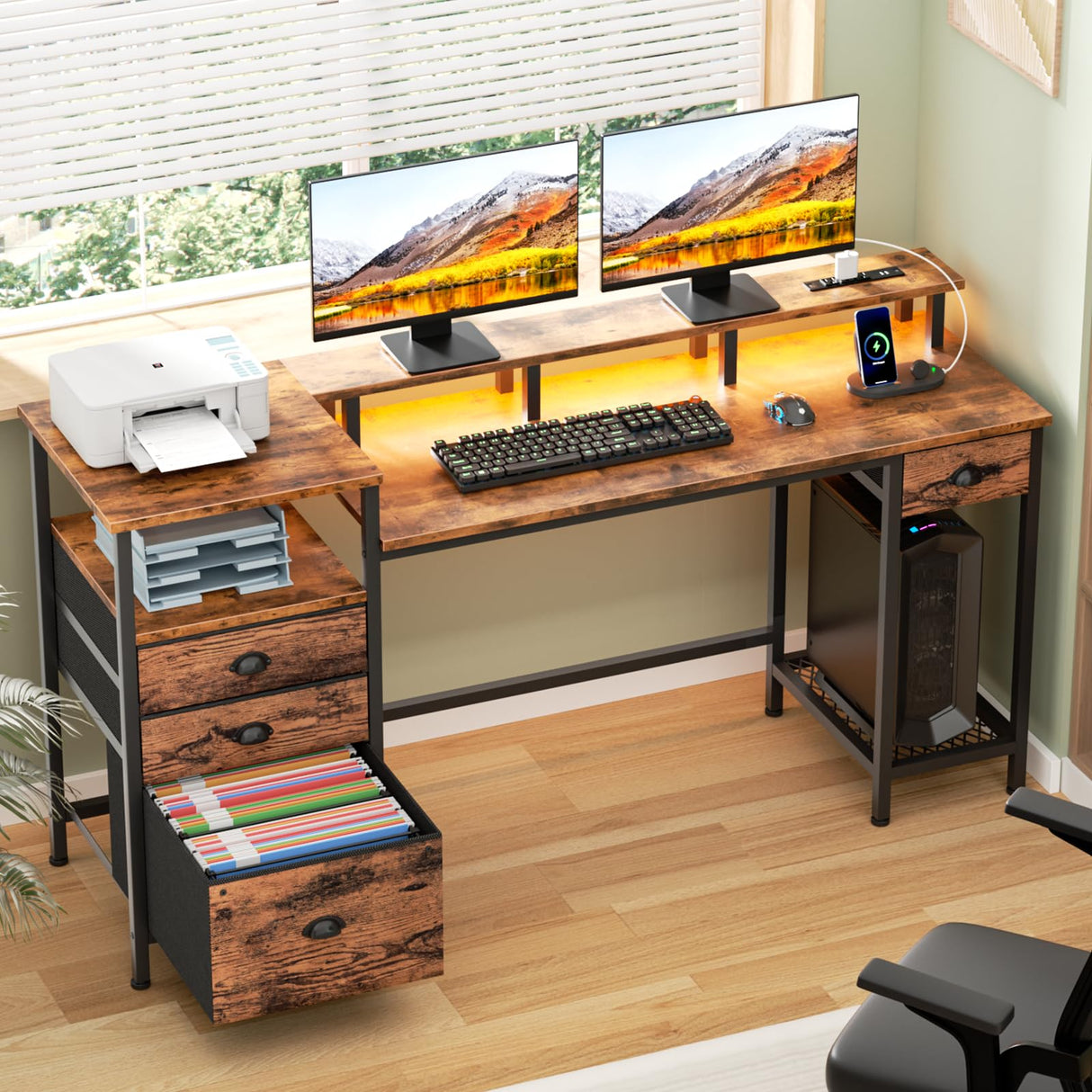 Furologee Computer Desk with Drawers, 60" Office Long Desk with Fabric File Cabinet and Power Outlets, Gaming Desk with LED Lights, Study Writing Work Desk for Home Office, Rustic Brown Furologee