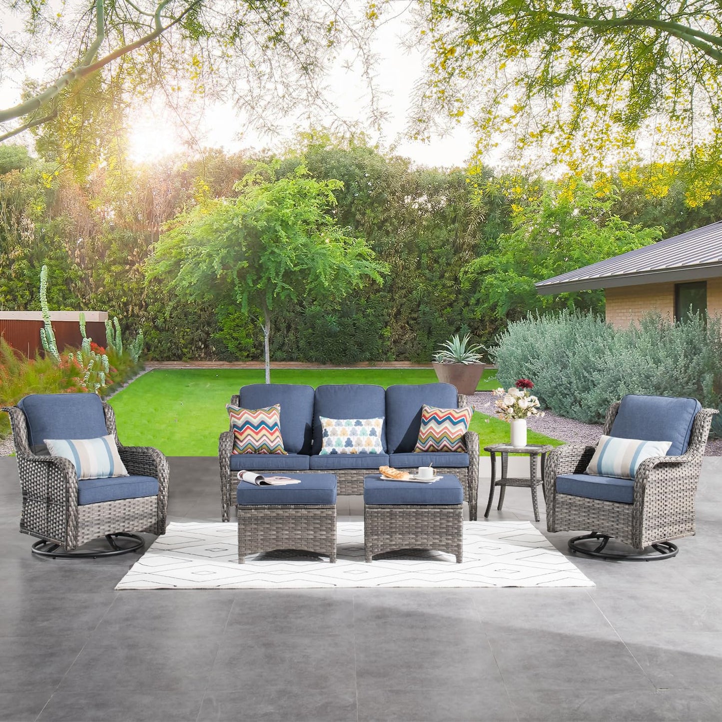 ovios Patio Furniture Set, 6 Piece Outdoor Wicker High Back Sofa with Swivel Rocking Chairs, Ottomans, Comfy Cushions, All Weather Conversation Set, Grey Rattan Denim Blue - WoodArtSupply