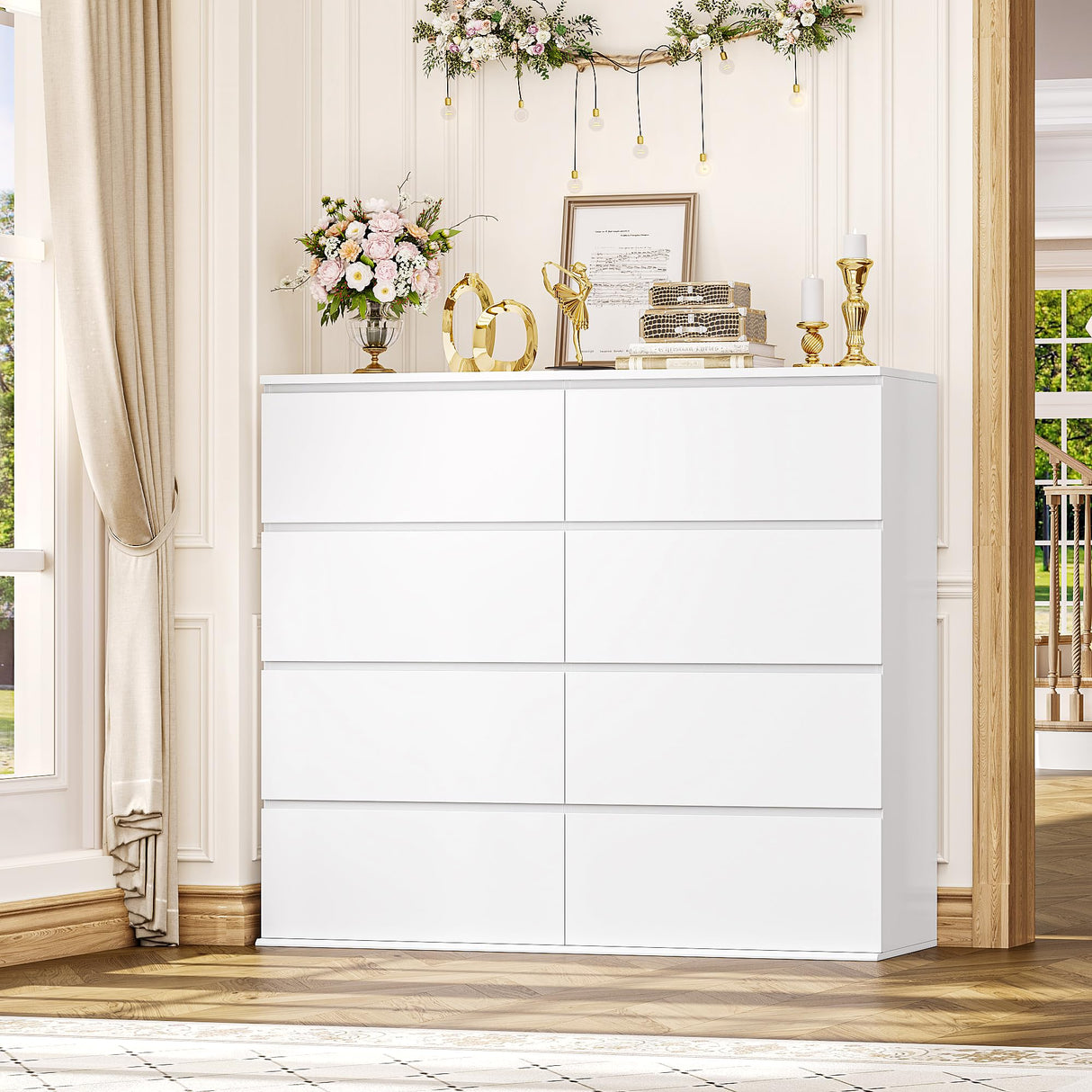 FINETONES 8 Drawer Dresser for Bedroom, White Dresser Double Chest of Drawers, Modern Wood Dressers with Deep Drawers for Living Room,White FINETONES