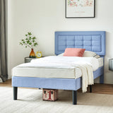 VECELO Twin Size Bed Frame with Adjustable Headboard, Upholstered Button Tufted Platform Bedframe with Wood Slats Support, No Box Spring Needed, Light Blue VECELO