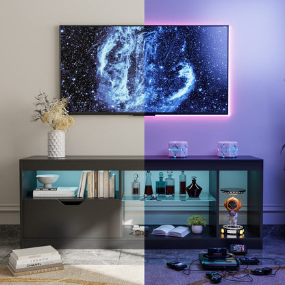 YESHOMY Modern LED TV Stand for Televisions up to 65+ Inch with Glass Shelves and Drawer, Gaming Entertainment Center with Multiple Dynamic RGB Modes, for Livingroom, Bedroom, 55 Inch, Black