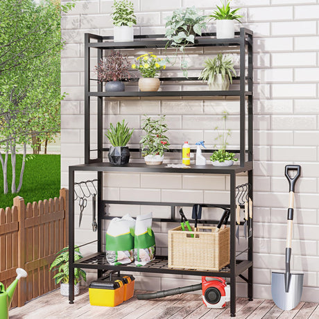 FUXJUM 63” Metal Potting Bench&Table with Metal Tabletop, 4-Tier Plant Shelves, 8 Side Hooks, Outdoor/Indoor Gardening Workstation and Plant Stand, Black FUXJUM
