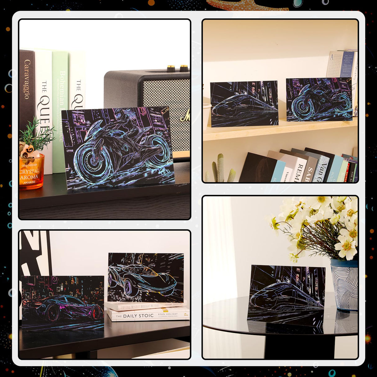 Gersoniel 4pcs Scratch Art Adult Scratch Painting Kits Glow in The Dark Rainbow Painting Paper with Pen & Cleaning Brush Noctilucent Scratchboard for Adults Gift, Racing Theme, Back to School Gifts Gersoniel