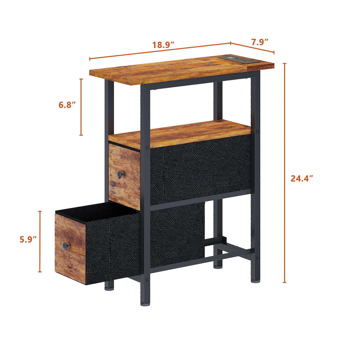 TRIFEBLE End Table with Charging Station, Narrow Side Table with 2 Fabric Drawers, Skinny Nightstand with LED Light, Slim Bedside Table for Bedroom, Living Room, Small Spaces, Rustic Brown TRIFEBLE