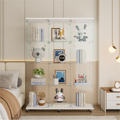 Glass Display Cabinet with Glass Doors, Tall 4-Tier Tempered Glass Floor Standing Curio Case with Lock for Collectibles, Toys, Books, Living Room, Quick Installation (4 Shelf 3 Column 2 Door, White) VFY