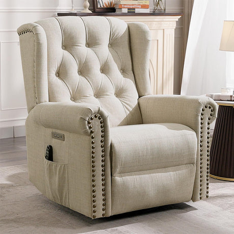 MEETWARM Power Swivel Rocking Glider Recliner Chair with Heat and Vibration, Electric Rocker Nursery Reclining Chair, Wingback Tufted Upholstered Recliner for Living Room, Type-C & USB Ports (Beige) MEETWARM