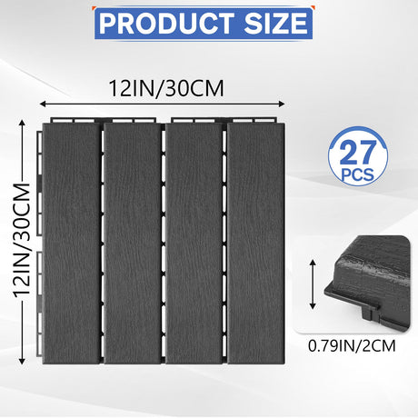 MYFAMIREA 27 Pcs Plastic Interlocking Deck Tiles 12" x 12" Patio Floor Decking Tiles Indoor Outdoor Waterproof Non-Slip Flooring Tiles All Weather Use for Balcony Backyard Porch Poolside, Dark Grey MYFAMIREA