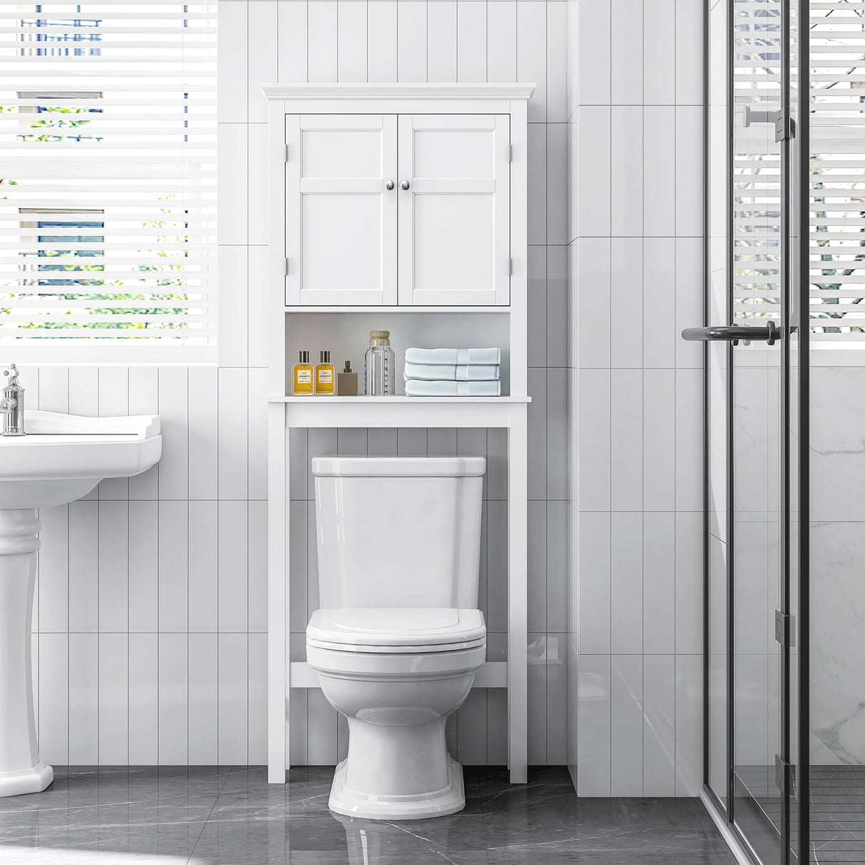 UTEX Over The Toilet Storage Cabinet, Over Toilet Bathroom Organizer with Adjustable Shelves, Above Toilet Storage Cabinet Space Saver, White UTEX