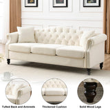 ATUMON 79" 2 Piece 3-Seater Velvet Chesterfield Sofa Couch for Living Room, Combination Sofa with 4 Pillows,Button Tufted Trimming Curved Backrest Rolled Arms with Black Legs, Beige ATUMON