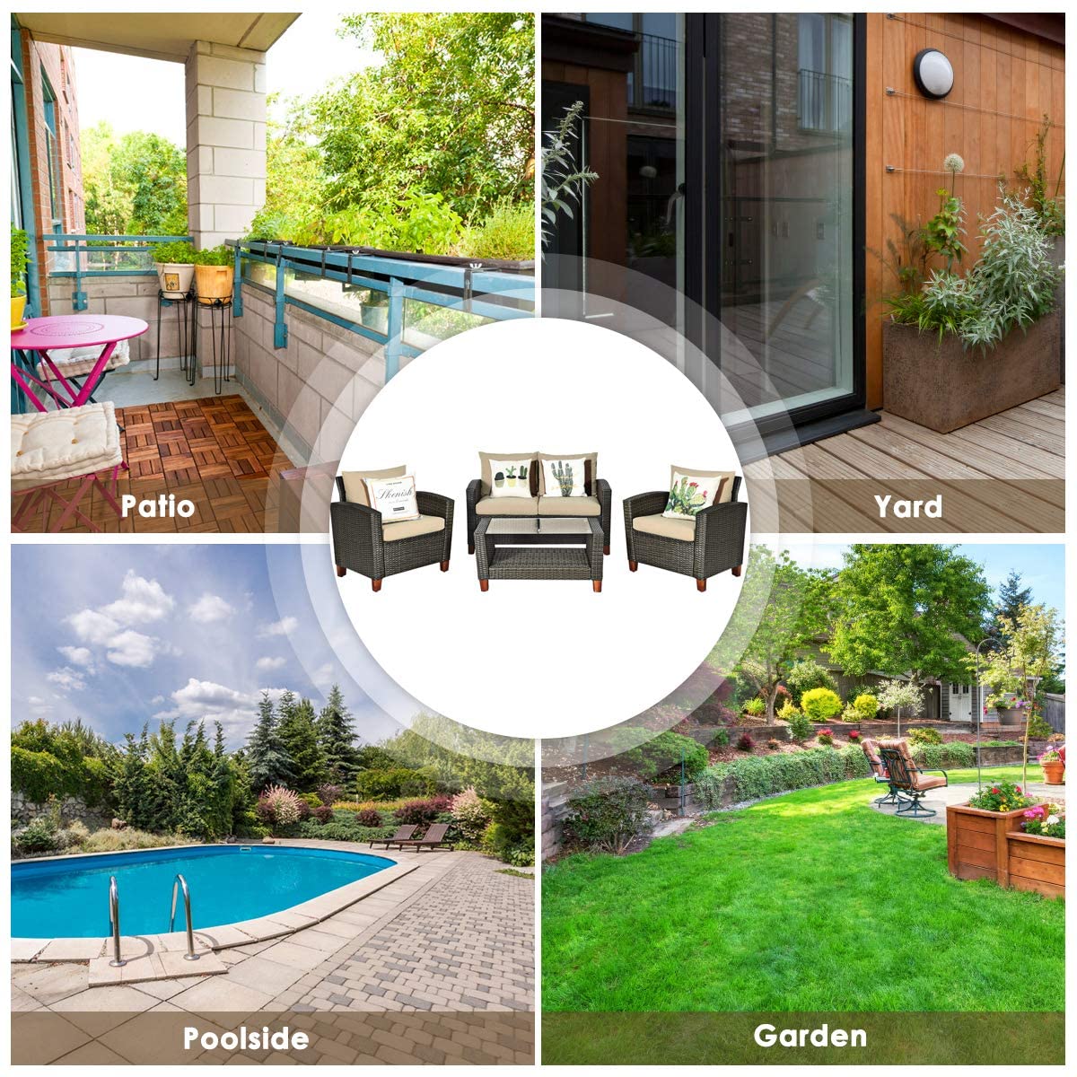 HAPPYGRILL 4 Pieces Patio Conversation Set Outdoor Rattan Wicker Furniture Set Sectional Wicker Sofa Chair & Coffee Table Set for Porch Poolside Backyard HAPPYGRILL