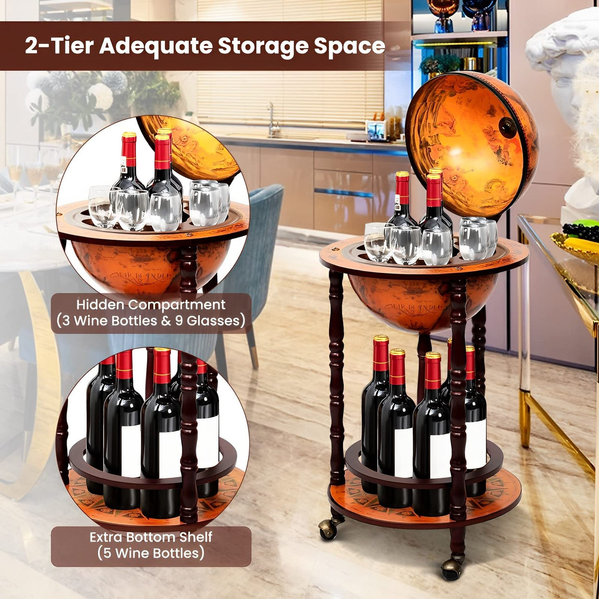 COSTWAY Globe Wine Bar Cabinet, Italian Replica Bar Cart with Wheels and Liquor Bottle Shelf, Solid Wood Wine Bar Stand for Home, Kitchen, Bar, Pub (Brown) COSTWAY