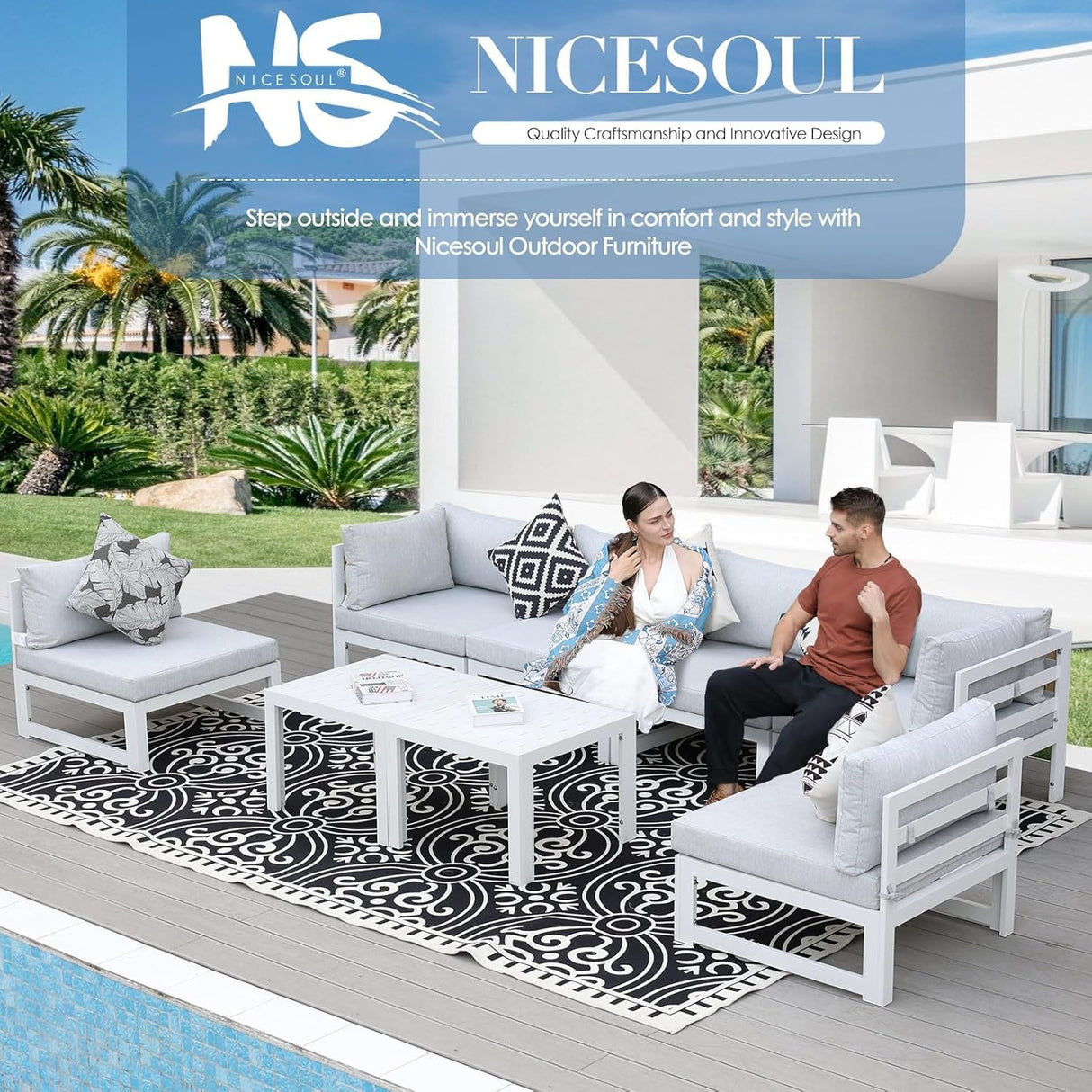 NICESOUL Extra Large Aluminum Patio Furniture Set with Chaise Lounge, All-Weather 29" Wide Seats Outdoor Sofa Conversation Set, 16 Piece Modern Sectional Couch for 14 Seats, for Garden, Light Gray NICESOUL